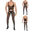 Men's Sheer Lace Underwear, Slim-Fit Cutout Bodysuit, Sleeveless Tank Top, Stockings and Open Fishnet Stockings (Black, One Size) view 1