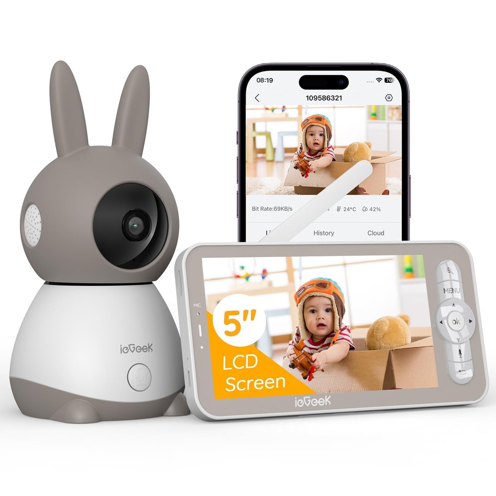 ieGeek 2K Baby Monitor, 5" Wi-Fi PTZ, 360° Night Vision, App, Motion Detection