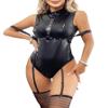 FULLJOYLOVE Women's Faux Leather Lingerie Bodysuit Set, Wet-Look PU Leather, Zipper, 4 Garter Straps, Gothic Style, Black, 4XL view 1