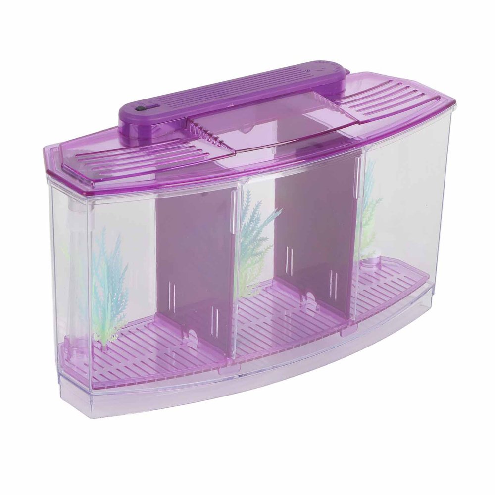 OVAQUIXI Three-Chamber Fish Breeding Box with LED Lights, Water-Change Valve, and Filter, Purple