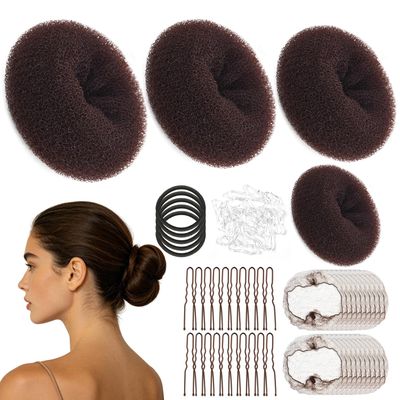 Donut Hair Bun Set, 4 Dark Brown Bun Makers with Accessories