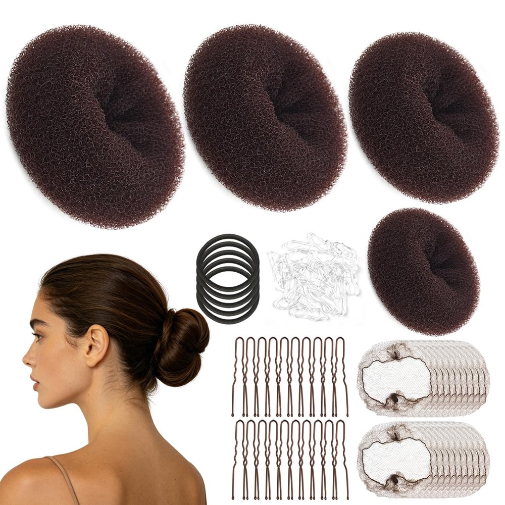 Donut Hair Bun Set, 4 Dark Brown Bun Makers with Accessories