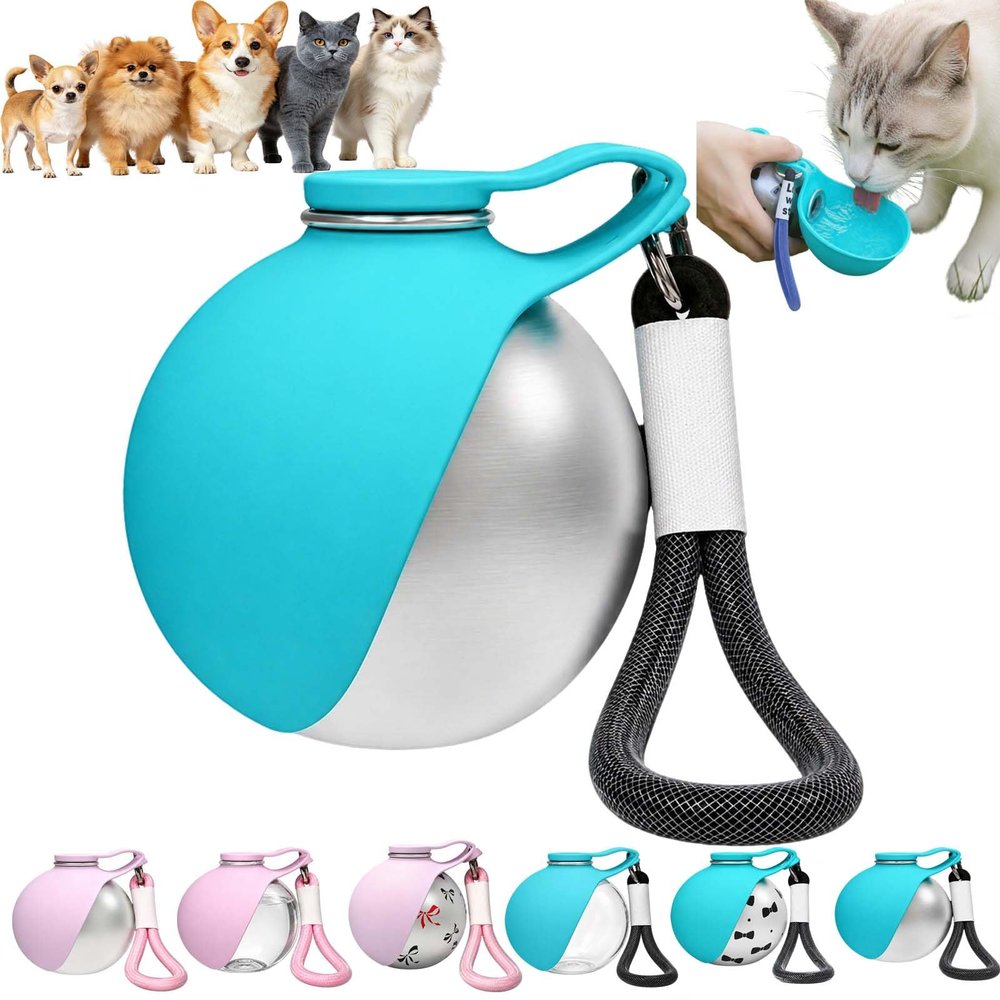 Buddy Pup Water Bottle, 285 ml Stainless Steel Dog Bottle with Silicone Bowl, Blue