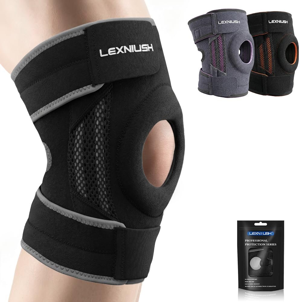 Knee Brace for Men and Women with Patella Gel Pads and Side Stabilizers, Adjustable Compression Support, Dark Gray