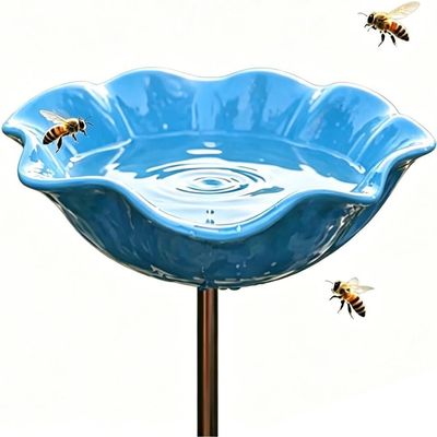 Bird Bath and Insect Waterer Garden Stake, Metal, Handcrafted Flower Design, Frost-Resistant Outdoor Decor (Blue, 1 pc)