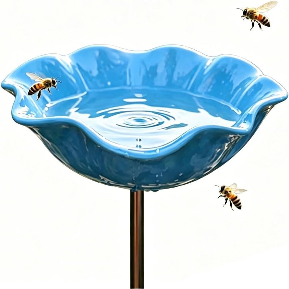 Bird Bath and Insect Waterer Garden Stake, Metal, Handcrafted Flower Design, Frost-Resistant Outdoor Decor (Blue, 1 pc)
