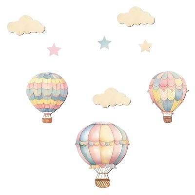 TOYANDONA 9-Piece Wooden Wall Decor Set with Hot Air Balloons, Clouds and Stars for Kids' Rooms