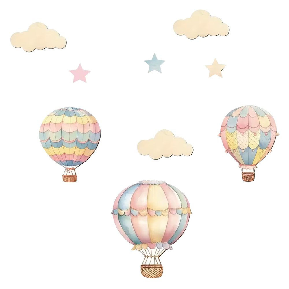 TOYANDONA 9-Piece Wooden Wall Decor Set with Hot Air Balloons, Clouds and Stars for Kids' Rooms