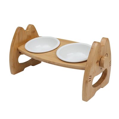 Ceramic Food Bowls for Dogs and Cats with Wooden Stand, Non-Slip, Matte Glaze, Food and Water Set, Small, White