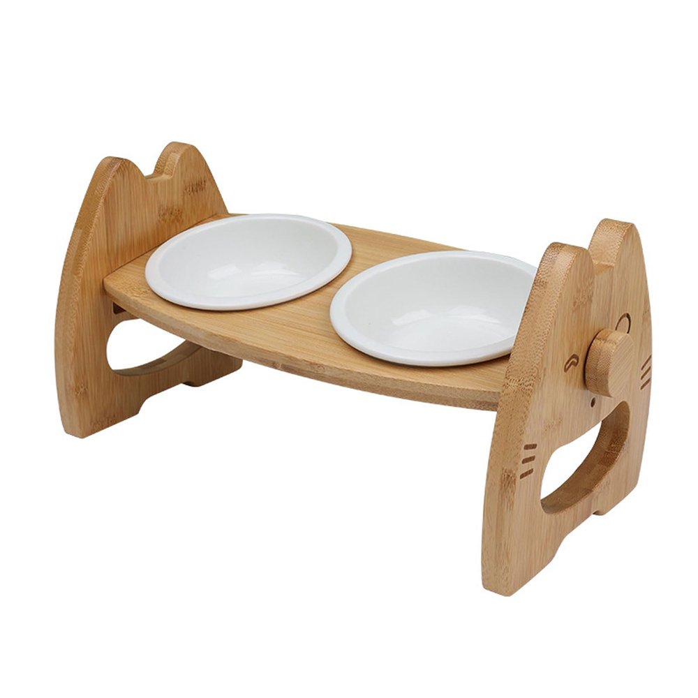Ceramic Food Bowls for Dogs and Cats with Wooden Stand, Non-Slip, Matte Glaze, Food and Water Set, Small, White