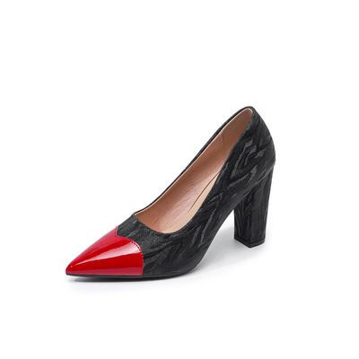 Women's Chunky Heel Pointed-Toe Two-Tone Patent Cap-Toe Slip-On Dress Shoes 228-115DX, Black, EU 42.5
