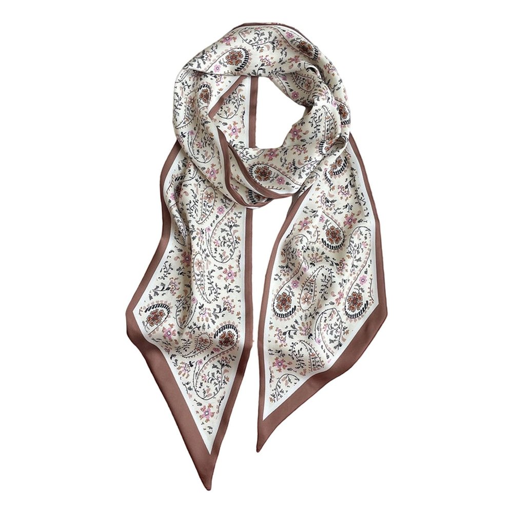 Elegant Long Floral Silk Scarf, White, One Size