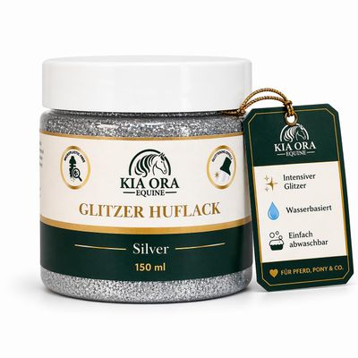 Kia Ora Equine Glitter Hoof Polish for Horses, Gold, 150 ml, Radiant Shine in Minutes, Water-Based & Washable, Ideal for Shows & Photoshoots (Silver)
