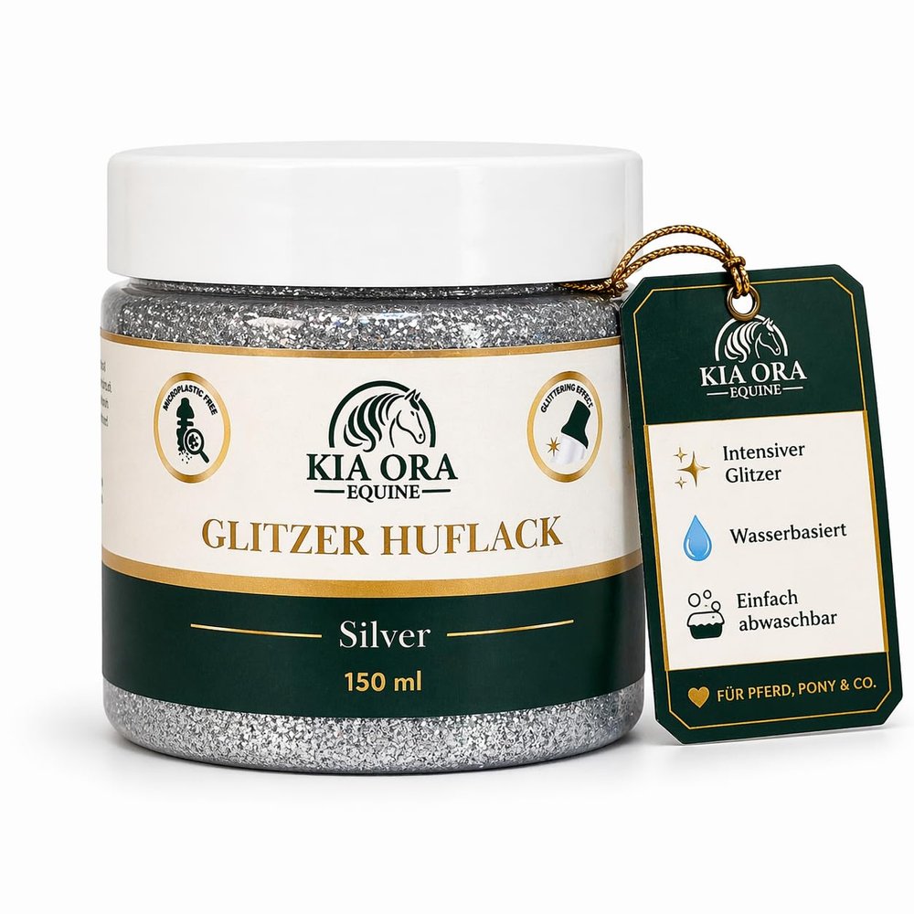 Kia Ora Equine Glitter Hoof Polish for Horses, Gold, 150 ml, Radiant Shine in Minutes, Water-Based & Washable, Ideal for Shows & Photoshoots (Silver)