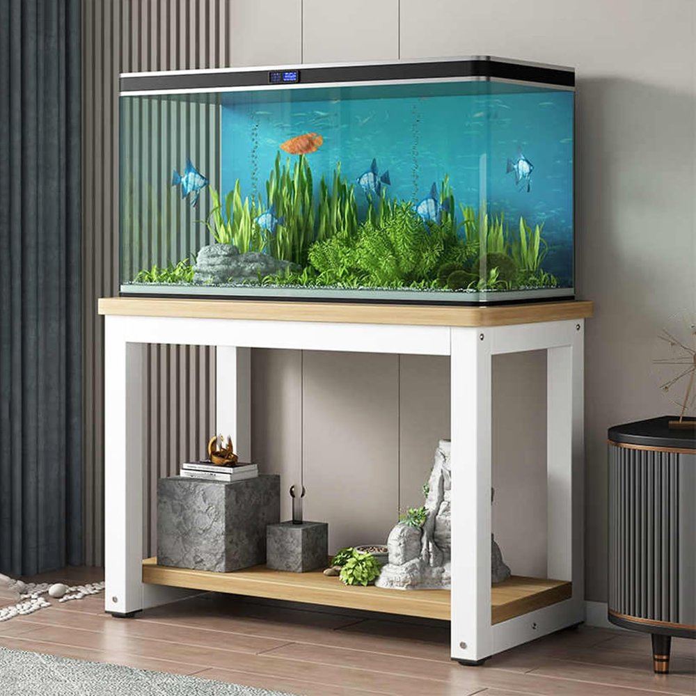 Generic Sturdy 2-Tier Aquarium Stand for Living Room, Heavy-Duty Aquarium Table and Reptile Shelf, White Steel Frame with Wood Shelf (Light Brown, 80 x 40 cm)