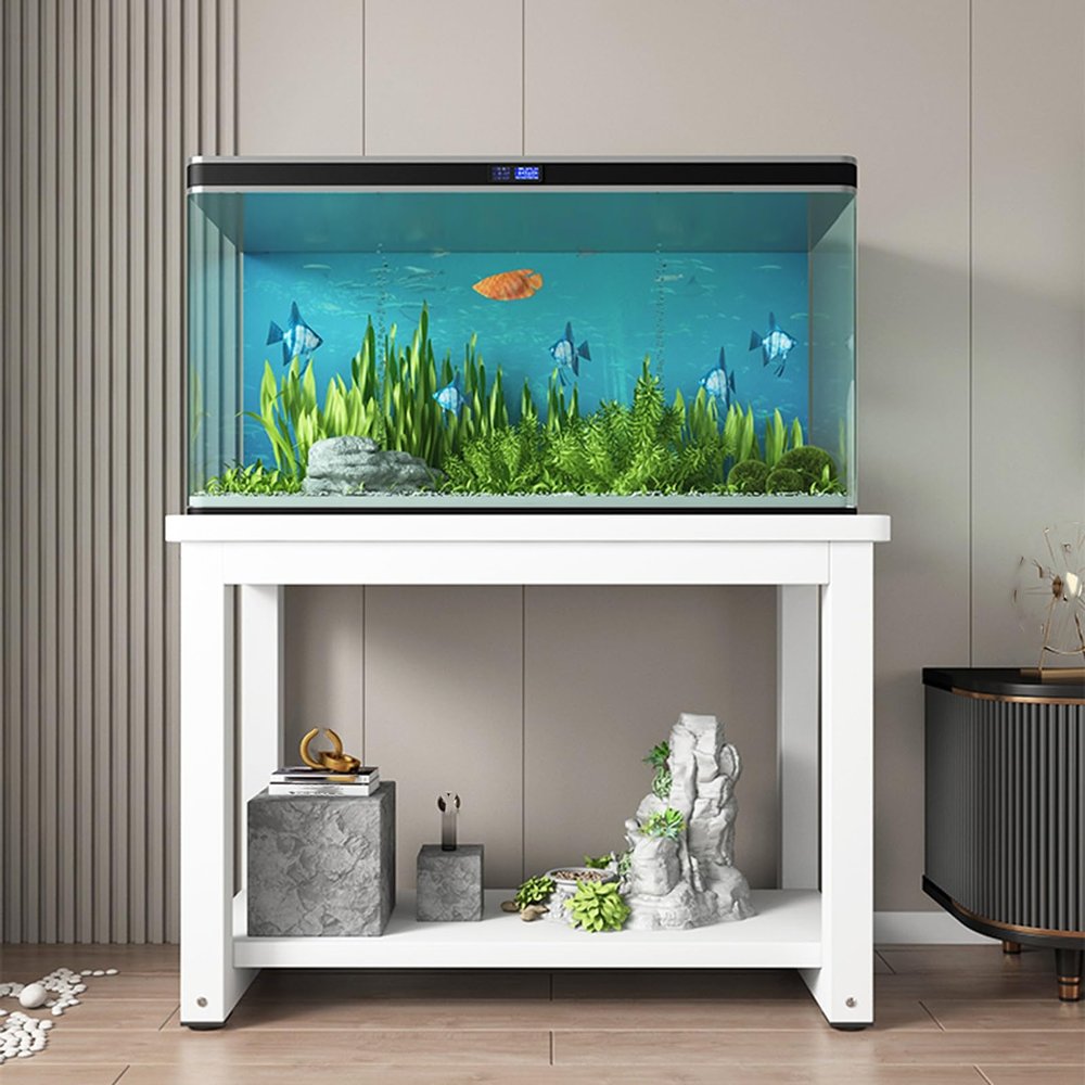Generic Sturdy Two-Tier Aquarium Stand for Living Room, White Steel Frame and Wood Tabletop, Reptile Shelf for Home Office, 120 x 50 cm (47.25 x 19.75 in.)