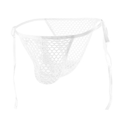 JIAHG Men's Mesh Thong, Transparent Breathable Low-Rise G-String with Drawstring Closure (White)