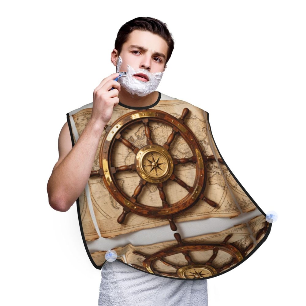 CNTDBU Ship Wheel Compass Shaving Bib for Men, Beard-Trimming Hair Catcher, Waterproof Barber Cape with Suction Cups