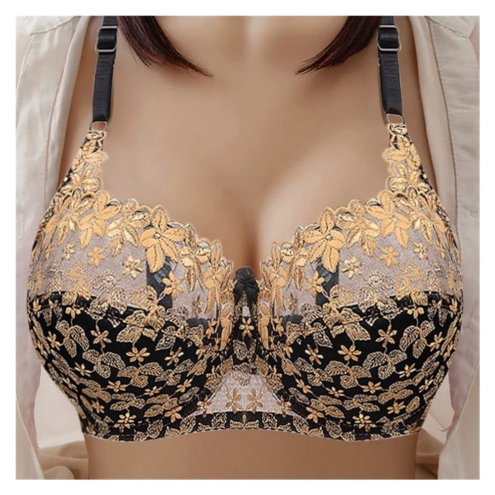 CLMJHG Sexy Lace-Embroidered Bra, Super Lift and Posture Correction, Lingerie, Back Support, Plus-Size Women's Underwear, Sheer Corset Top (Gold, D_34/75) (Gold, C_38/85)