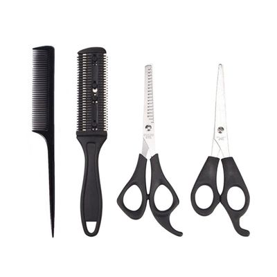Hair-Cutting Tools, Scissors and Comb, 4-Piece Set, Stainless Steel and Plastic, Black