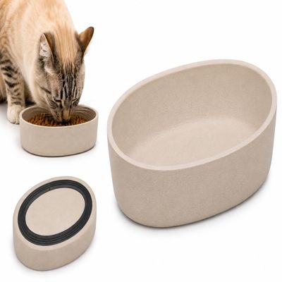 Kaunis Oval Beige Bamboo Cat Bowl, Non-Slip, 270 ml - Flamingo