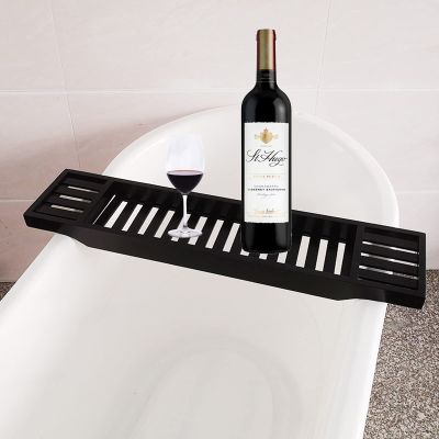 Bamboo Bathtub Tray for Spa Relaxation, Black Bath Organizer for Books, Tablets and Wine