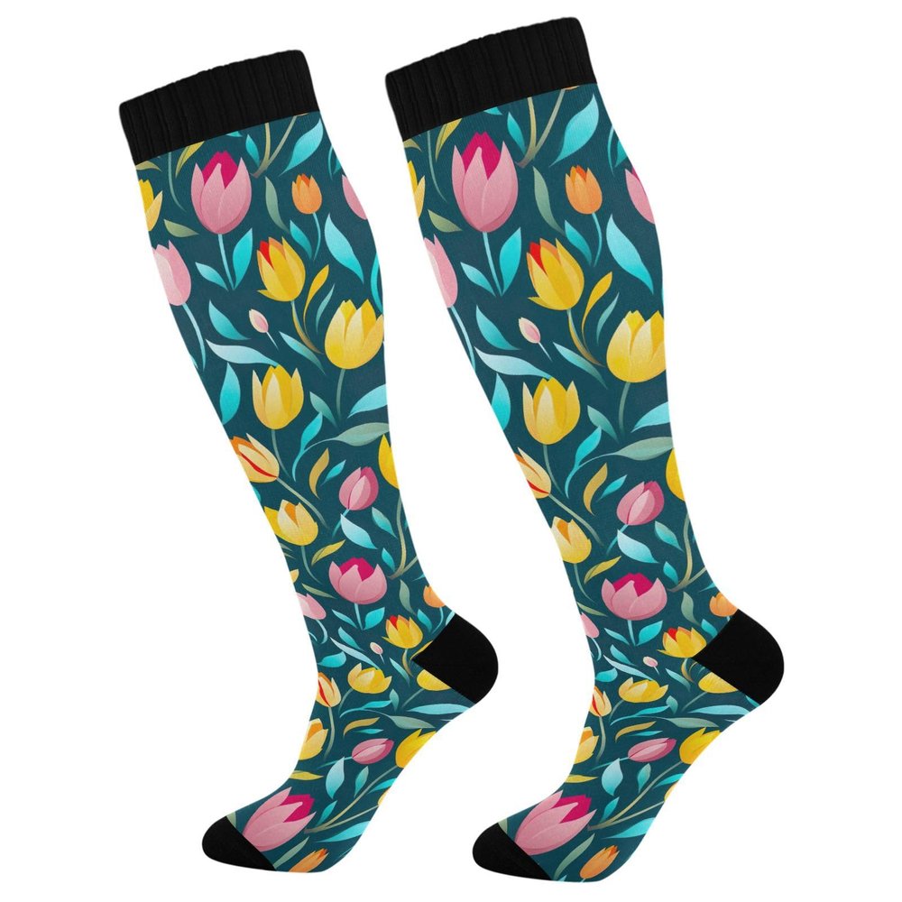 Abstract Tulip Pattern Compression Socks for Women, 50 cm