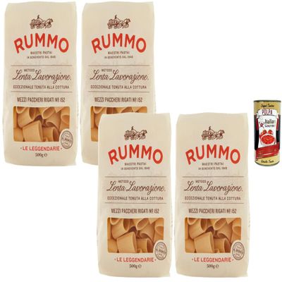 Italian Gourmet Bundle: 4 x Rummo Mezzi Paccheri Rigati N152, 500 g + Italian Gourmet Polpa