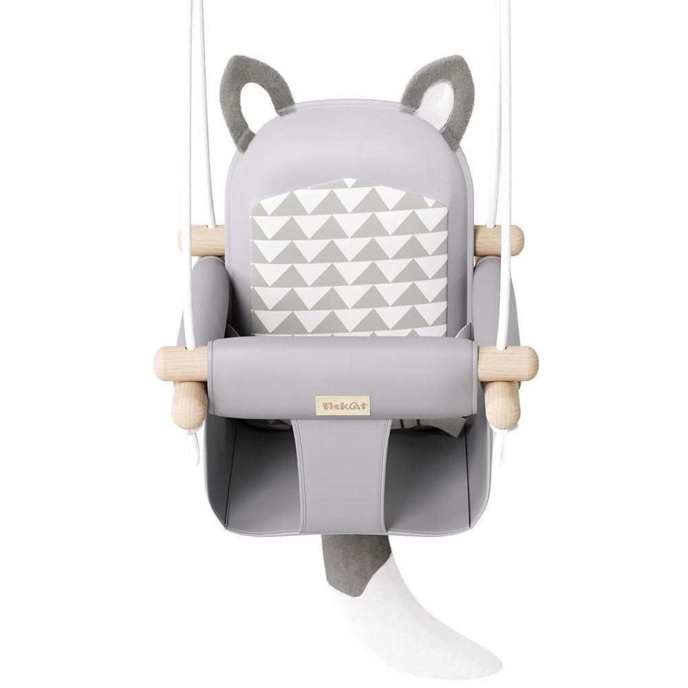 LADIDA Wooden Baby Swing with Soft Safety Belt, Height-Adjustable, Gray