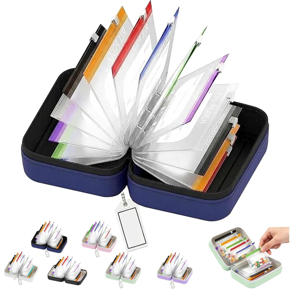 A8 Waterproof Pill Organizer, 7-Day, with 14 Color-Coded Pouches, Blue