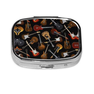 Square Metal Pill Case with Guitar Print, Decorative Medication Case for Stylish Carrying (Rectangular)