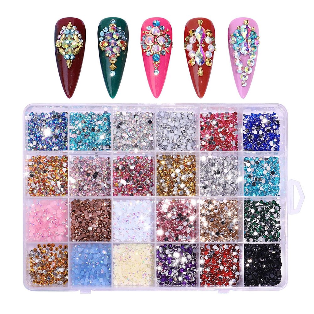 Rhinestones for Nail Art, 24 Compartments, Clear Resin, Flat Rough Back