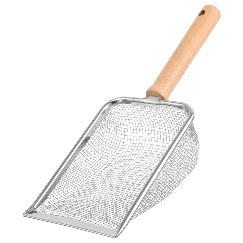 BETOOKY Litter Scoop for Cats and Reptiles, Wooden Handle, Stainless Steel, 2 x 2 mm Perforations