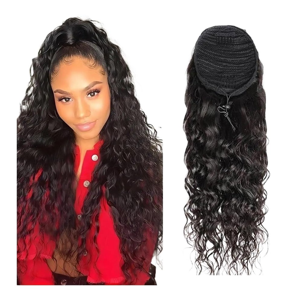 Deep Water Wave Human Hair Drawstring Ponytail Extension, Brazilian Remy, 26 Inches
