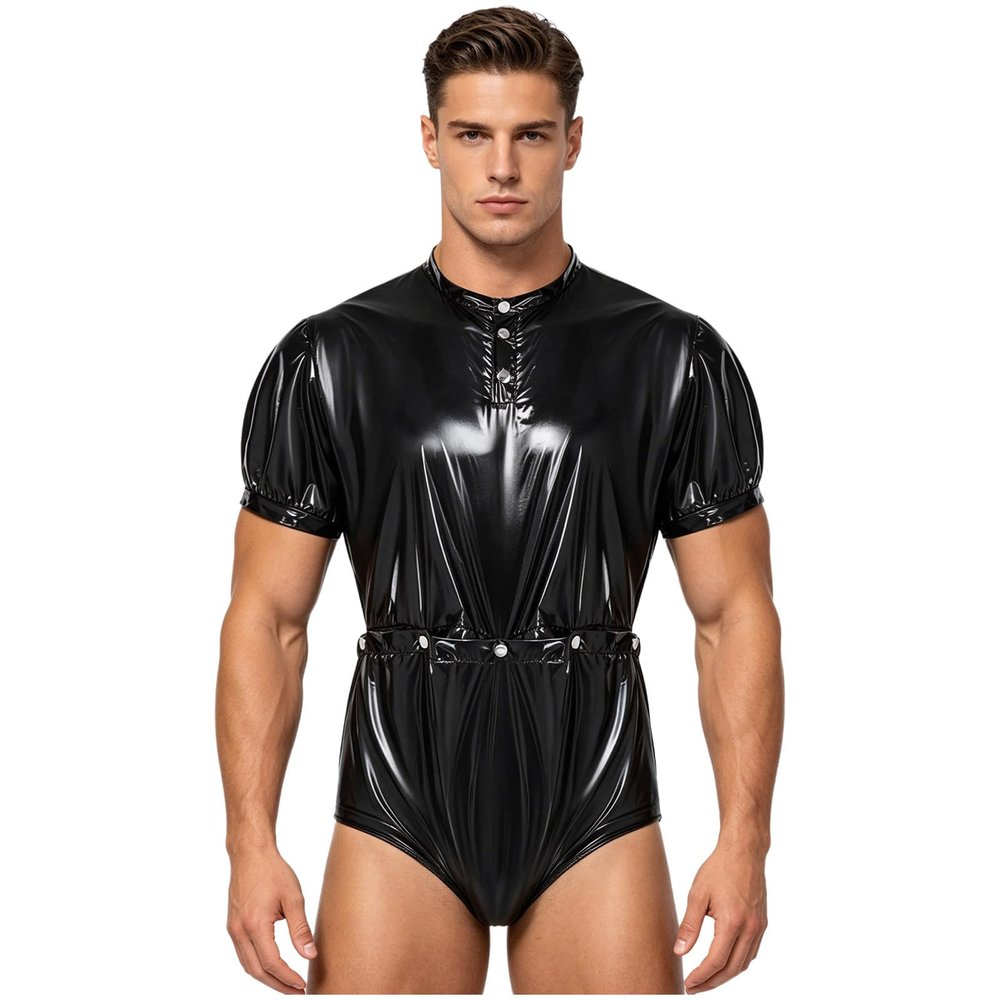 Agoky Men's Wetlook Short-Sleeve Bodysuit, Black, L