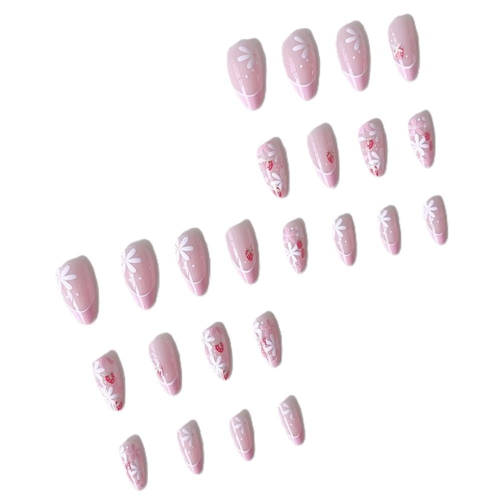 24 Short Almond Press-On Nails, Floral Red Strawberry Designs, Pink French DIY Manicure (Y1)