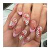 24 Short Almond Press-On Nails, Floral Red Strawberry Designs, Pink French DIY Manicure (Y1) view 3