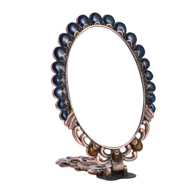 Healvian Retro Folding Metal Hand Mirror with Oval Peacock Pattern, Portable Art Deco Travel Vanity Mirror