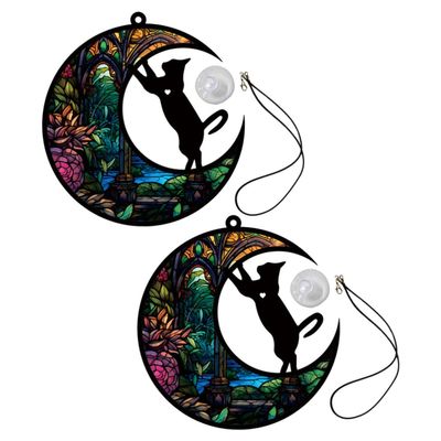 Artibetter 2-Piece Acrylic Cat Wall Hanging with Moon Design