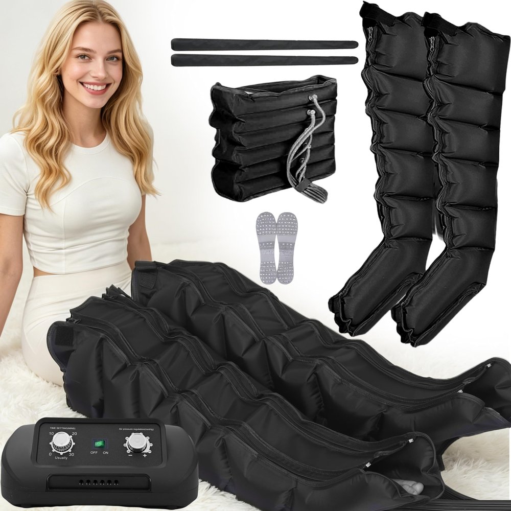 Lymphatic Drainage Massager for Legs and Abdomen, 6-Chamber Professional Leg Massager, 30–240 mmHg Adjustable Pressure, Black, XL + 10 cm Extension