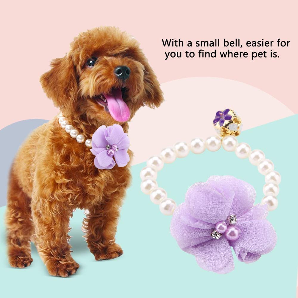 Yinhing Pearl Flower Collar for Small Pets, Elastic Necklace with Bell for Cats and Dogs, Purple