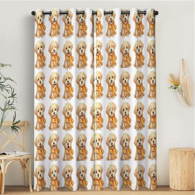 MLSOWM Blackout Curtains with Scarf-Wearing Dog, Golden Retriever Emoji Design, Thermal Curtains, 2-Piece Set, 138 x 117 cm, Brown