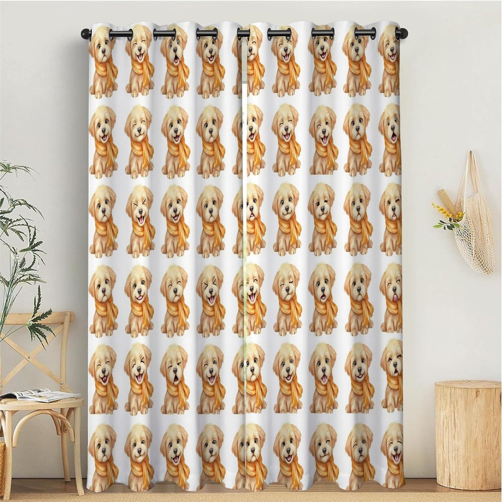MLSOWM Blackout Curtains with Scarf-Wearing Dog, Golden Retriever Emoji Design, Thermal Curtains, 2-Piece Set, 138 x 117 cm, Brown