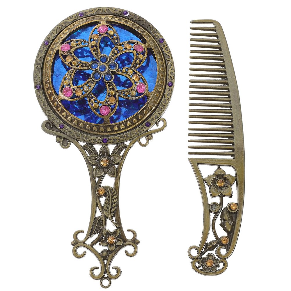 Vintage Double-Sided Aluminum Alloy Makeup Mirror and Comb Set