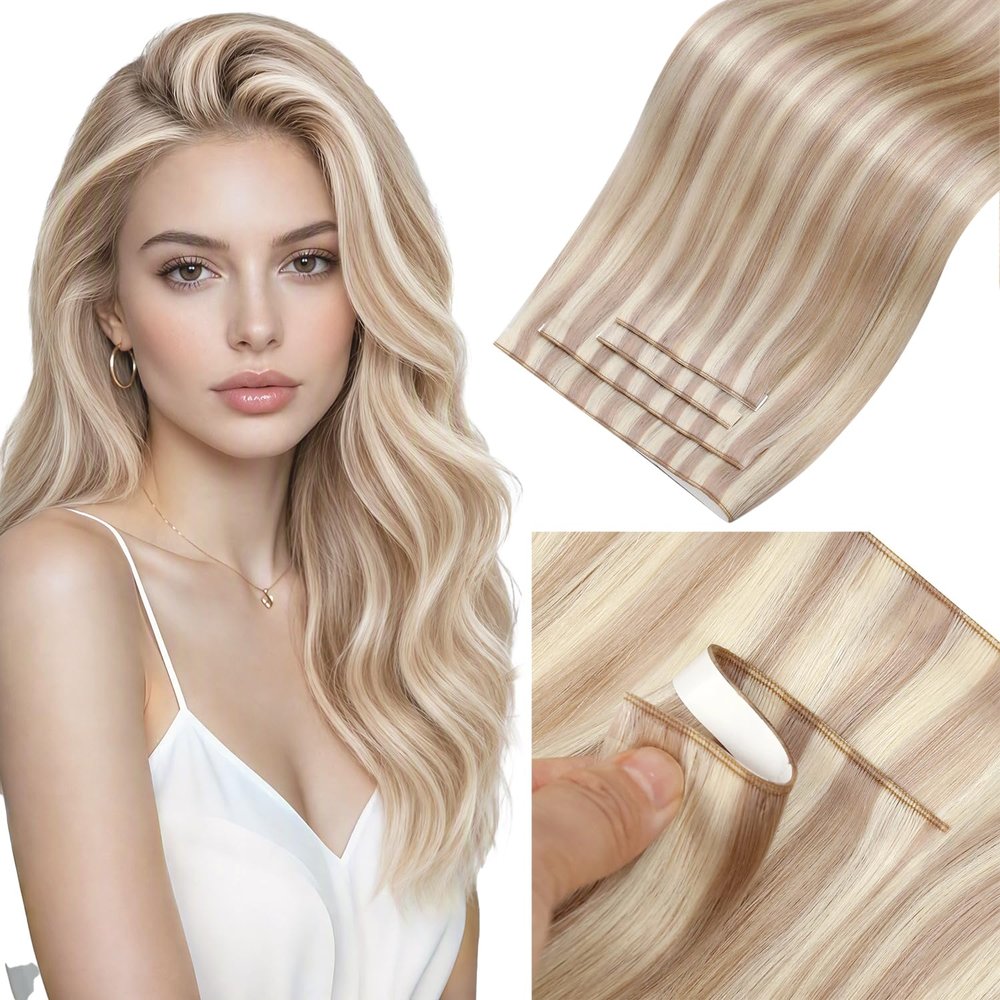 LaaVoo 18 in Tape-In Weft Extensions, Blonde Remy Human Hair, Straight, #P18/613, 4 Pieces, 90 g