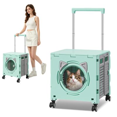 PETCUTE Large Cat Carrier with Wheels, Foldable Breathable Rolling Carrier for Large Cats and Dogs, Mint Green
