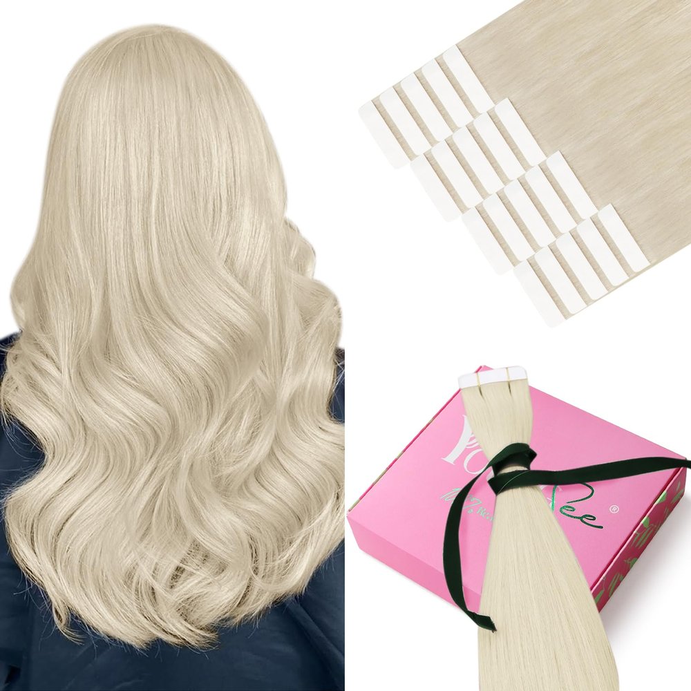 YoungSee Tape-In Human Hair Extensions, Platinum Blonde, 55 cm, 50 g, 60A