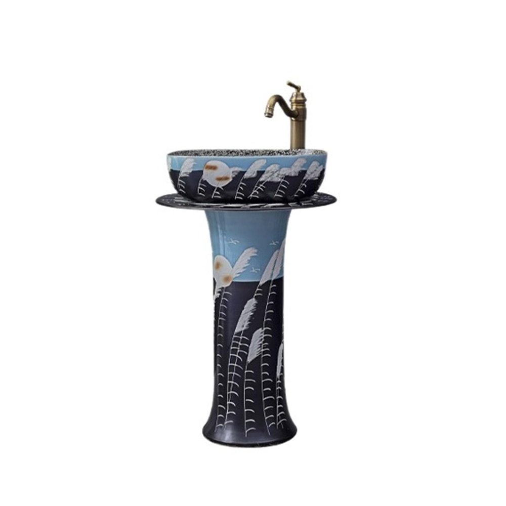 Freestanding Ceramic Bathroom Pedestal Sink with Faucet and Drain Assembly