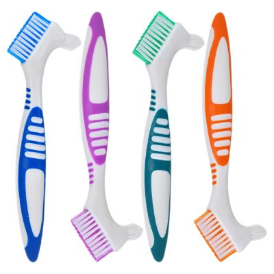 Tofficu Double-Headed Denture Cleaning Brushes, 4 Pieces, with Firm Multi-Layer Bristles and Ergonomic Handles