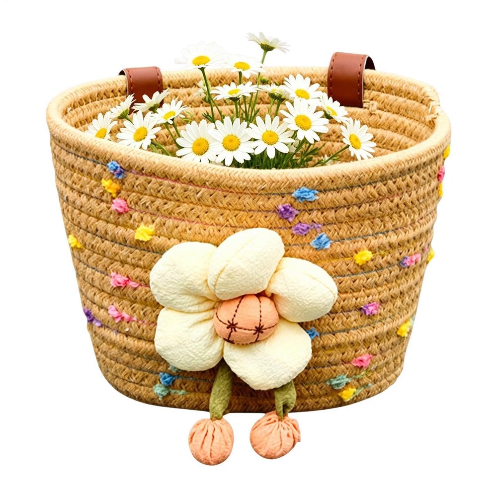 Kids' Bicycle Basket, Handwoven Cotton Rope with Plush Flower